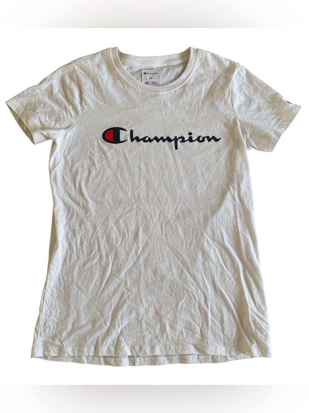 Champion White Tee with Navy Script and Red Accent